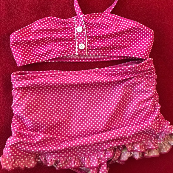 Lands’ End Pink polka dot swimsuit with 2 tops. - Picture 3 of 7